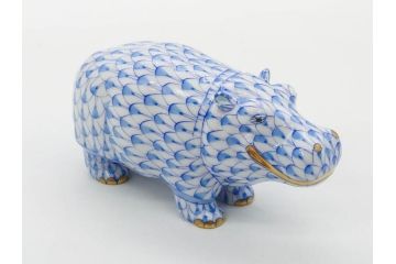 ヘレンド　ハンガリー　HEREND HVNGARY　ブルー　カバ　爽やかな雰囲気のフィギュリン(青、動物、金彩、フィッシュネット、ハンドペイント、置物、陶器)(R-081468)