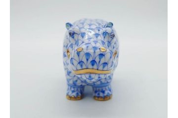 ヘレンド　ハンガリー　HEREND HVNGARY　ブルー　カバ　爽やかな雰囲気のフィギュリン(青、動物、金彩、フィッシュネット、ハンドペイント、置物、陶器)(R-081468)