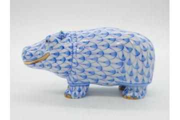 ヘレンド　ハンガリー　HEREND HVNGARY　ブルー　カバ　爽やかな雰囲気のフィギュリン(青、動物、金彩、フィッシュネット、ハンドペイント、置物、陶器)(R-081468)
