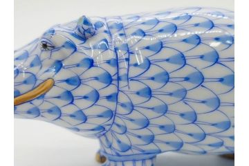 ヘレンド　ハンガリー　HEREND HVNGARY　ブルー　カバ　爽やかな雰囲気のフィギュリン(青、動物、金彩、フィッシュネット、ハンドペイント、置物、陶器)(R-081468)