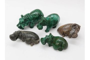 天然石　ヴァーダイトなど　カバ　ひとつひとつの表情の違いが魅力的な置物5点セット(彫刻、動物、アニマル、アフリカ、ジンバブエ、オブジェ、ディスプレイ)(R-081471)