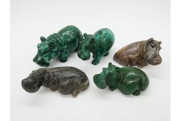 天然石　ヴァーダイトなど　カバ　ひとつひとつの表情の違いが魅力的な置物5点セット(彫刻、動物、アニマル、アフリカ、ジンバブエ、オブジェ、ディスプレイ)(R-081471)