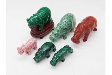 中国?　マカライト　瑪瑙?　カバ　お部屋のアクセントになる置物6点セット(彫刻、動物、アニマル、オブジェ、ディスプレイ)(R-081472)