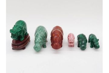 中国?　マカライト　瑪瑙?　カバ　お部屋のアクセントになる置物6点セット(彫刻、動物、アニマル、オブジェ、ディスプレイ)(R-081472)