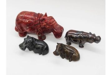 カバ　落ち着いた佇まいの置物4点セット(彫刻、動物、アニマル、オブジェ、ディスプレイ)(R-081473)