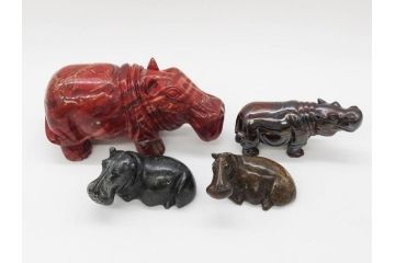 カバ　落ち着いた佇まいの置物4点セット(彫刻、動物、アニマル、オブジェ、ディスプレイ)(R-081473)