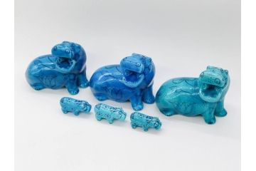 青いカバ　ユニークな表情が魅力の置物6点セット(エジプト、大英博物館?、美術館?、BMP、動物、アニマル、オブジェ、ディスプレイ、陶器)(R-081474)