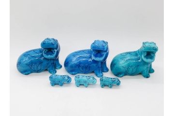 青いカバ　ユニークな表情が魅力の置物6点セット(エジプト、大英博物館?、美術館?、BMP、動物、アニマル、オブジェ、ディスプレイ、陶器)(R-081474)