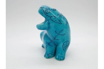 青いカバ　ユニークな表情が魅力の置物6点セット(エジプト、大英博物館?、美術館?、BMP、動物、アニマル、オブジェ、ディスプレイ、陶器)(R-081474)