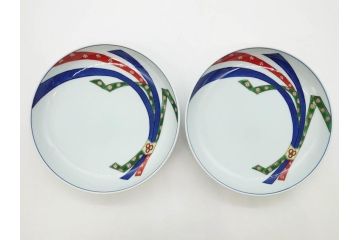 源右衛門窯　有田焼　染錦苺絵　染付梅鳥　染錦熨斗絵　繊細な色付が見事な皿5枚&方皿3枚セット(いちご、果物、銘々皿、中皿、角皿、変形皿、深皿、和皿、和食器、共箱付き)(R-081493)