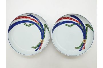 源右衛門窯　有田焼　染錦苺絵　染付梅鳥　染錦熨斗絵　繊細な色付が見事な皿5枚&方皿3枚セット(いちご、果物、銘々皿、中皿、角皿、変形皿、深皿、和皿、和食器、共箱付き)(R-081493)