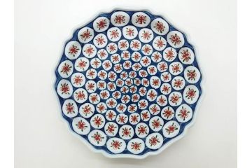 田代亮秀　有田焼　古代丸紋　小鉢　緑彩牡丹唐草紋　染錦花割紋　紺朱古代丸紋　3.5寸・7.1寸・8.9寸　優美なデザインが美しい皿2枚&鉢2客セット(向付、深鉢、大皿、深皿、和皿、和食器、裏印、共箱付き、三寸五分、七寸一分、八寸九分)(R-081497)