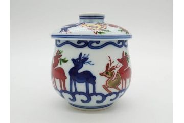 田代亮秀　有田焼　染錦　図変わり　約8.3cm　2.7寸　繊細な絵付けが見事な蒸茶碗6客セット(動物、果物、花割、野苺唐草、群鹿、梅花丸紋、裏印、和食器、共箱付き、二寸七分)(R-081498)