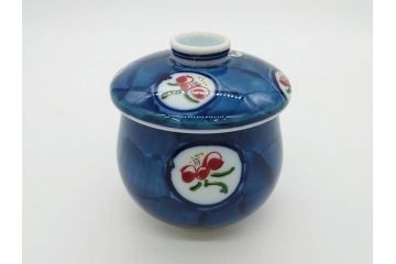 田代亮秀　有田焼　染錦　図変わり　約8.3cm　2.7寸　繊細な絵付けが見事な蒸茶碗6客セット(動物、果物、花割、野苺唐草、群鹿、梅花丸紋、裏印、和食器、共箱付き、二寸七分)(R-081498)