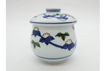 田代亮秀　有田焼　染錦　図変わり　約8.3cm　2.7寸　繊細な絵付けが見事な蒸茶碗6客セット(動物、果物、花割、野苺唐草、群鹿、梅花丸紋、裏印、和食器、共箱付き、二寸七分)(R-081498)