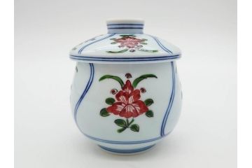 田代亮秀　有田焼　染錦　図変わり　約8.3cm　2.7寸　繊細な絵付けが見事な蒸茶碗6客セット(動物、果物、花割、野苺唐草、群鹿、梅花丸紋、裏印、和食器、共箱付き、二寸七分)(R-081498)