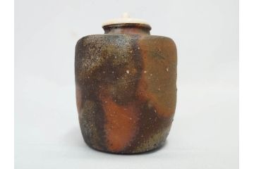 小西陶蔵　青備前　香炉/備前　茶入れ　土の温かみを感じる味わい深い香炉&茶入セット(香爐、仏具、茶道具、茶陶、茶入れ、抹茶、蓋物、小蓋物、共箱付き、仕覆付き)(R-081506)