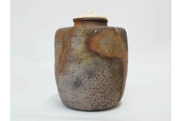 小西陶蔵　青備前　香炉/備前　茶入れ　土の温かみを感じる味わい深い香炉&茶入セット(香爐、仏具、茶道具、茶陶、茶入れ、抹茶、蓋物、小蓋物、共箱付き、仕覆付き)(R-081506)