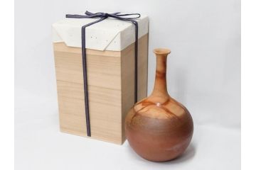 小西陶蔵　備前　長首　高さ 約36cm　窯変の美が際立つ花入(花瓶、花器、花生、花活、和食器、裏印、共箱付き)(R-081507)