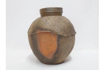 小西陶蔵　備前　耳付　侘び寂びの趣が漂う花入3点&壷セット(花生、花活、花器、花瓶、壺、和食器、裏印、共箱付き)(R-081508)