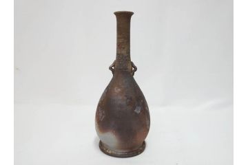 小西陶蔵　備前　耳付　侘び寂びの趣が漂う花入3点&壷セット(花生、花活、花器、花瓶、壺、和食器、裏印、共箱付き)(R-081508)