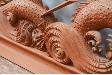 アンティーク建具　上手物!!　迫力のある龍と雷に波の図柄が魅力的な両面彫刻欄間1枚(明かり取り、明り取り)(製作費推定140万円)(R-081531)