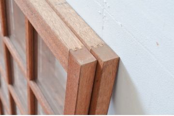 アンティーク建具　レトロな空間作りにおすすめな升目(マス目)のFIX窓2枚セット(きつね格子、狐格子、格子窓、ガラス欄間、明り取り、明かり取り、嵌め殺し、FIX窓、フィックス)(R-081589)