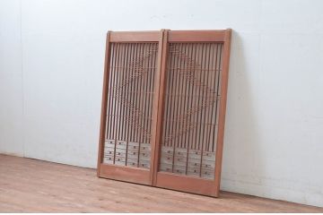 ビンテージ建具　片面ガラス　上質な和の空間を演出する書院戸2枚セット(窓、引き戸、ガラス戸、組子、ヴィンテージ)(R-081592)