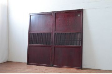アンティーク建具　漆塗り　上質な和の空間を演出する格子帯戸2枚セット(引き戸、板戸、格子戸)(R-081596)