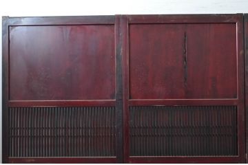 アンティーク建具　漆塗り　上質な和の空間を演出する格子帯戸4枚セット(引き戸、板戸、格子戸)(R-081597)