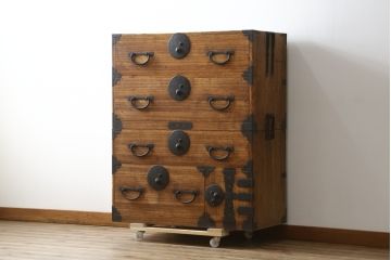 和製アンティーク　総桐(キリ)材　品のある丸金具が和モダンな雰囲気を醸し出す二段重ね時代箪笥(重ね箪笥、和タンス、衣装たんす、整理箪笥、収納たんす、桐箪笥、桐たんす、引き出し)(R-081622)