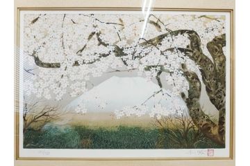 1997年　中島千波　「華三彩　櫻花の不二」　215/300　サイン入り　春爛漫の息吹を感じるシルクスクリーン(桜、風景、版画、エディション入り、額装、外箱付)(R-081670)