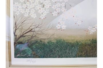 1997年　中島千波　「華三彩　櫻花の不二」　215/300　サイン入り　春爛漫の息吹を感じるシルクスクリーン(桜、風景、版画、エディション入り、額装、外箱付)(R-081670)