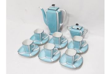 明治期　オールドノリタケ　NORITAKE　アールデコ　輸出向け　爽やかな水色が目を引くティーセット(ティーポット、シュガーポット、C&S6客、ティーカップ&ソーサー、洋食器)(R-081672)
