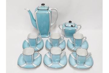 明治期　オールドノリタケ　NORITAKE　アールデコ　輸出向け　爽やかな水色が目を引くティーセット(ティーポット、シュガーポット、C&S6客、ティーカップ&ソーサー、洋食器)(R-081672)