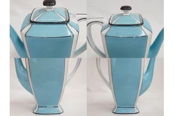明治期　オールドノリタケ　NORITAKE　アールデコ　輸出向け　爽やかな水色が目を引くティーセット(ティーポット、シュガーポット、C&S6客、ティーカップ&ソーサー、洋食器)(R-081672)