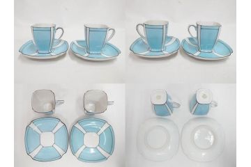明治期　オールドノリタケ　NORITAKE　アールデコ　輸出向け　爽やかな水色が目を引くティーセット(ティーポット、シュガーポット、C&S6客、ティーカップ&ソーサー、洋食器)(R-081672)