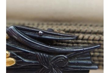 時代物　金工　金銀象嵌　扇面　稲　淑やかな雰囲気の帯留2点セット(在銘作家物、尾崎、帯留め、帯締め、着物道具、和装小物、アクセサリー、木箱付)(R-081673)