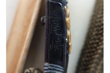 時代物　金工　金銀象嵌　扇面　稲　淑やかな雰囲気の帯留2点セット(在銘作家物、尾崎、帯留め、帯締め、着物道具、和装小物、アクセサリー、木箱付)(R-081673)