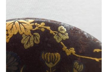 時代物　金工　金銀象嵌　扇面　稲　淑やかな雰囲気の帯留2点セット(在銘作家物、尾崎、帯留め、帯締め、着物道具、和装小物、アクセサリー、木箱付)(R-081673)