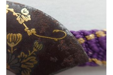 時代物　金工　金銀象嵌　扇面　稲　淑やかな雰囲気の帯留2点セット(在銘作家物、尾崎、帯留め、帯締め、着物道具、和装小物、アクセサリー、木箱付)(R-081673)