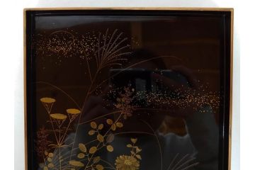 時代物　龍雲堂造　鈴虫　金蒔絵　驪龍珠　静謐な美しさを感じる硯箱(水滴古墨、三日月に竹図、胡開文選煙、神品、銀象嵌、水差し、漆器、木製、漆芸、書道具、木箱付)(R-081674)