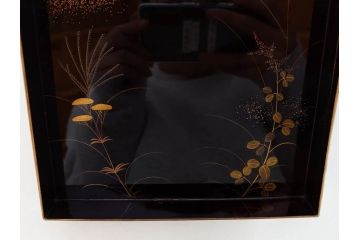 時代物　龍雲堂造　鈴虫　金蒔絵　驪龍珠　静謐な美しさを感じる硯箱(水滴古墨、三日月に竹図、胡開文選煙、神品、銀象嵌、水差し、漆器、木製、漆芸、書道具、木箱付)(R-081674)
