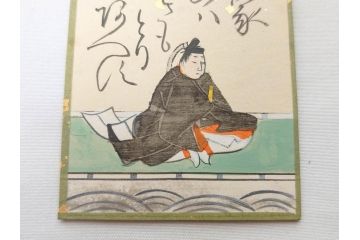 時代物　木箱　肉筆　彩色　小倉百人一首(カルタ、かるた、歌留多、百人首、ケース付)(R-081675)