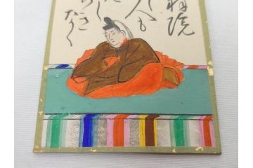 時代物　木箱　肉筆　彩色　小倉百人一首(カルタ、かるた、歌留多、百人首、ケース付)(R-081675)