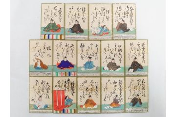 時代物　木箱　肉筆　彩色　小倉百人一首(カルタ、かるた、歌留多、百人首、ケース付)(R-081675)