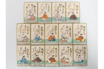 時代物　木箱　肉筆　彩色　小倉百人一首(カルタ、かるた、歌留多、百人首、ケース付)(R-081675)