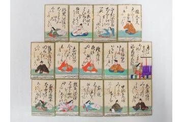 時代物　木箱　肉筆　彩色　小倉百人一首(カルタ、かるた、歌留多、百人首、ケース付)(R-081675)