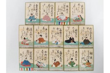 時代物　木箱　肉筆　彩色　小倉百人一首(カルタ、かるた、歌留多、百人首、ケース付)(R-081675)