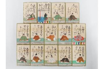 時代物　木箱　肉筆　彩色　小倉百人一首(カルタ、かるた、歌留多、百人首、ケース付)(R-081675)